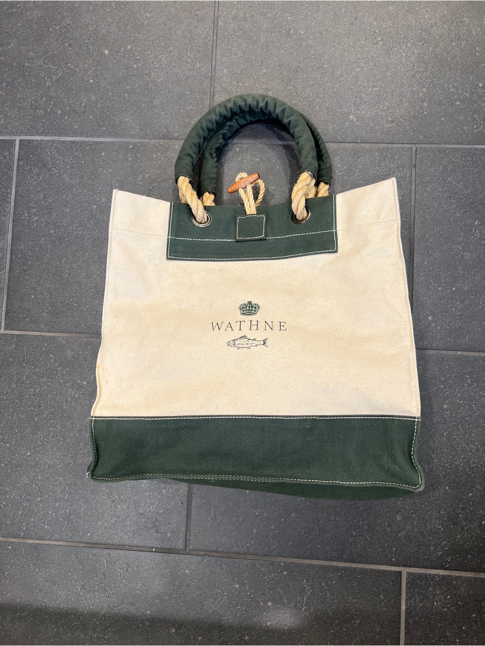 Wathne Cream and Dark Green Canvas Tote with Rope Handles